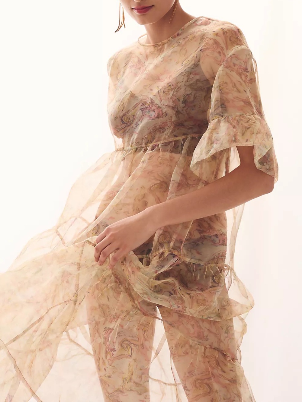 NWOT Anthropologie Cream Floral Tiered Sheer Printed Dress